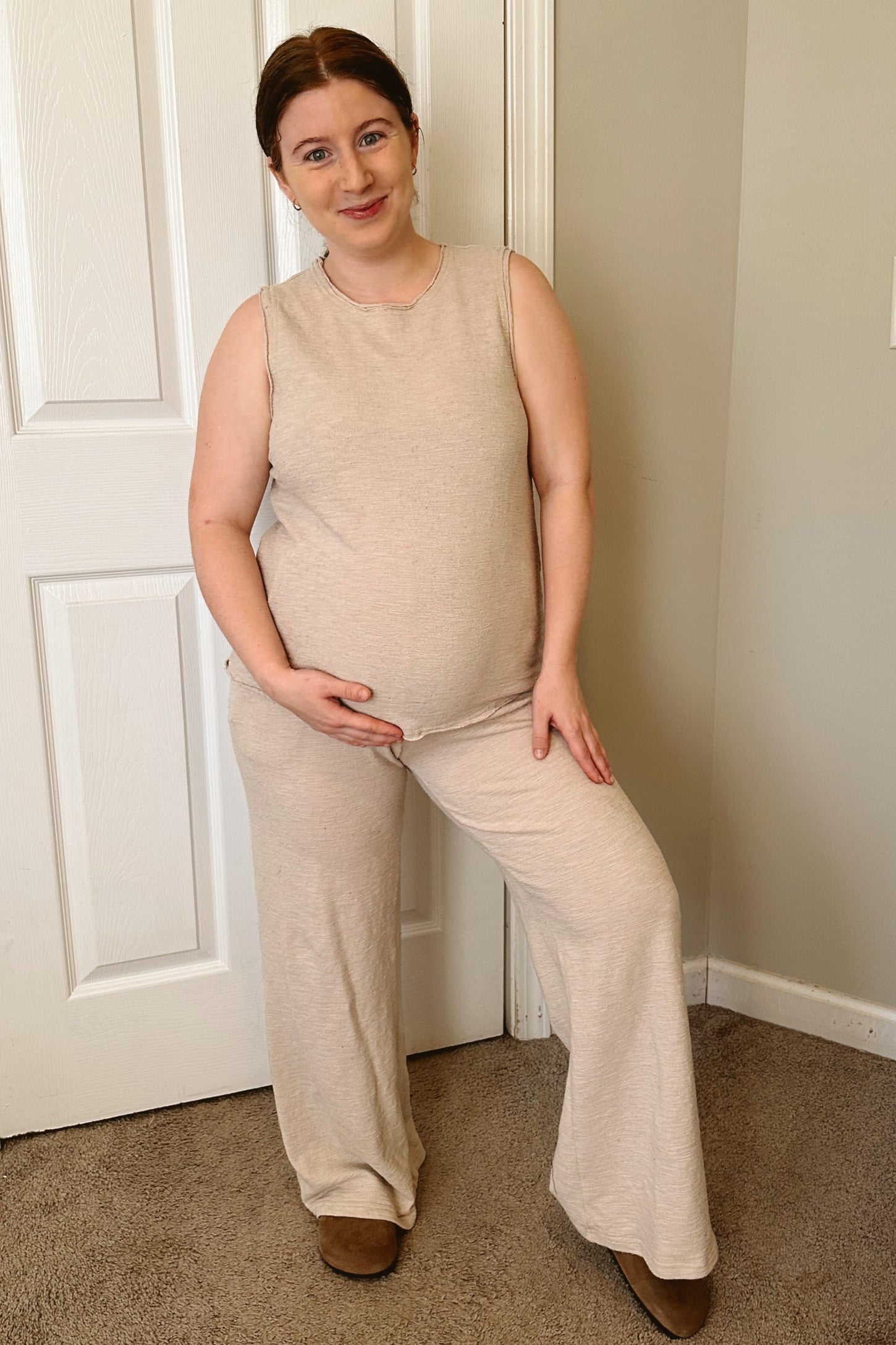 Beige Slub Knit Maternity Pants Set