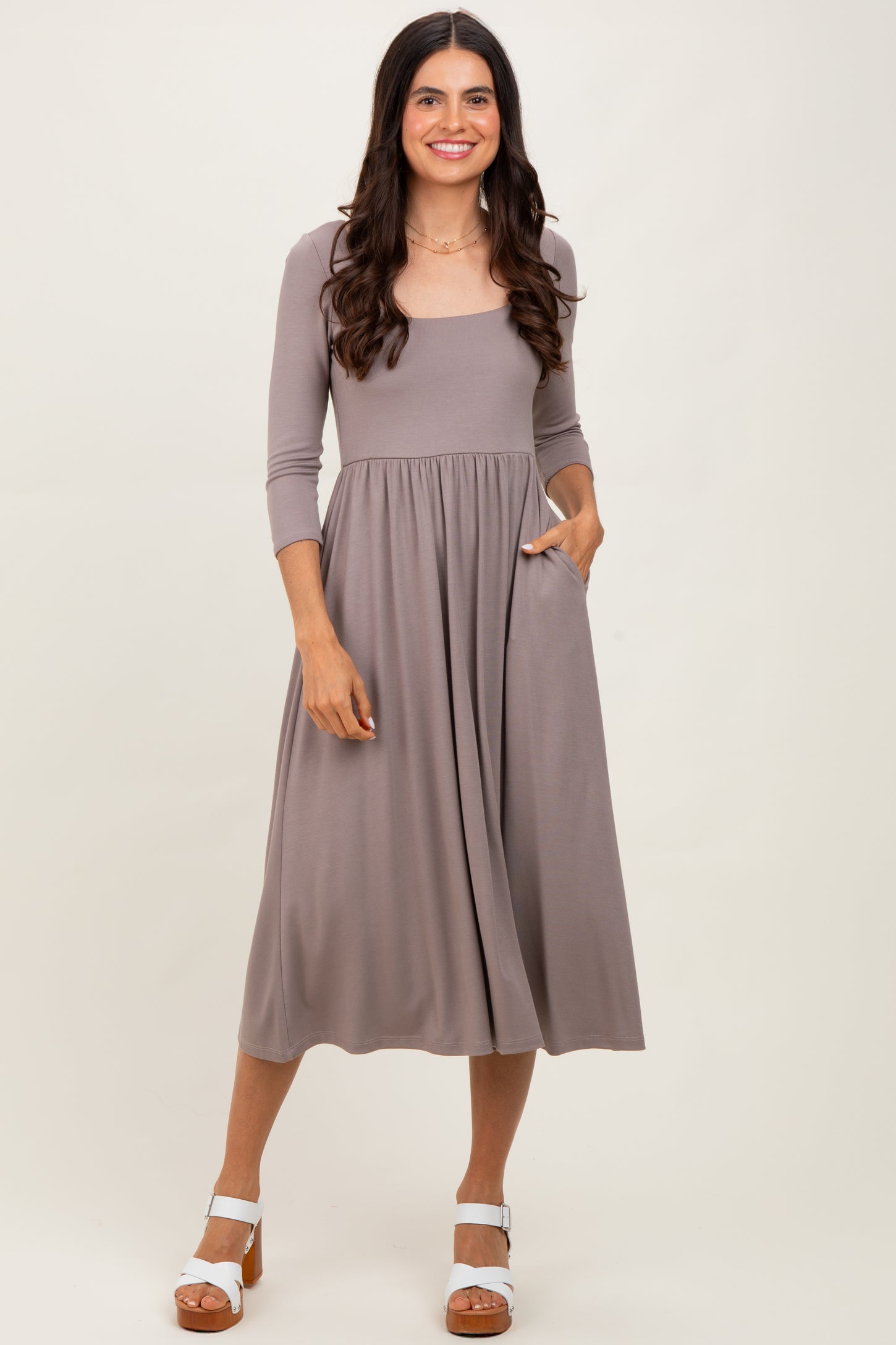 Mocha Square Neck 3/4 Sleeve Maternity Midi Dress