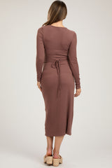 Brown Ribbed Long Sleeve Maternity Wrap Nursing Dress