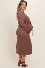 Brown Ribbed Long Sleeve Plus Maternity Wrap Nursing Dress