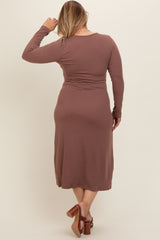 Brown Ribbed Long Sleeve Plus Maternity Wrap Nursing Dress