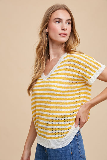 Mustard Striped Knit V-Neck Short Sleeve Top