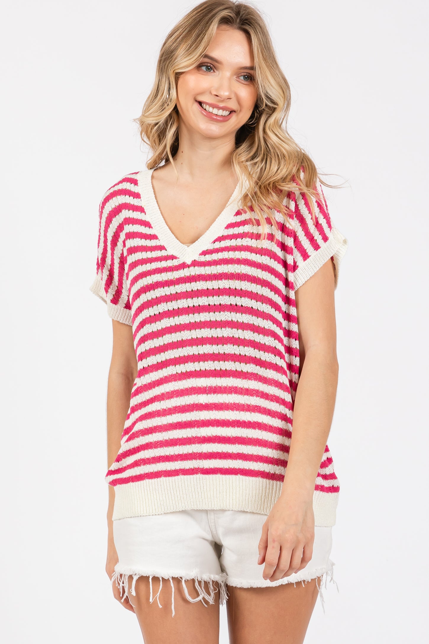 Fuchsia Striped Knit V-Neck Short Sleeve Top