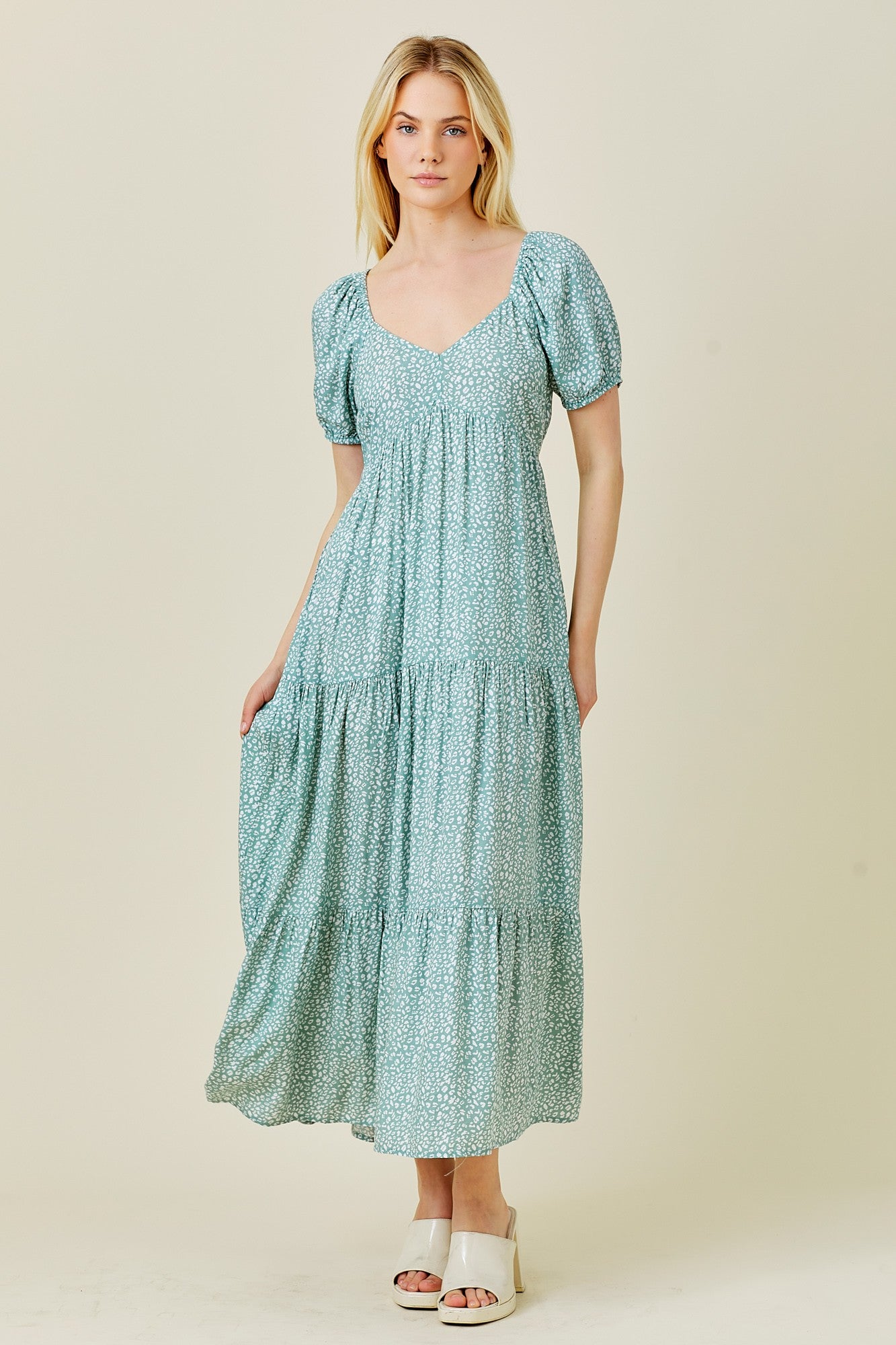 Mint Green Animal Print Tiered Maternity Midi Dress