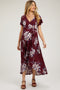 Burgundy Floral Print Wrap Front V-Neck Hi-Low Midi Dress