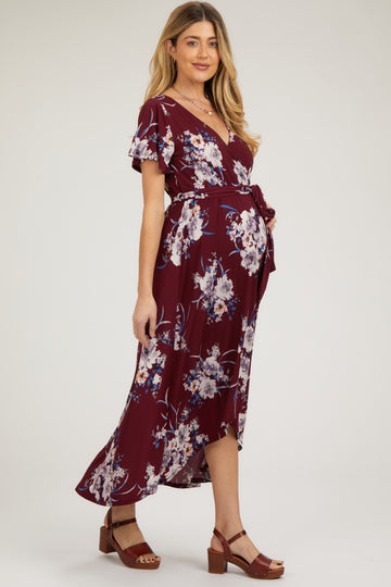 Burgundy Floral Print Wrap Front V-Neck Hi-Low Midi Dress