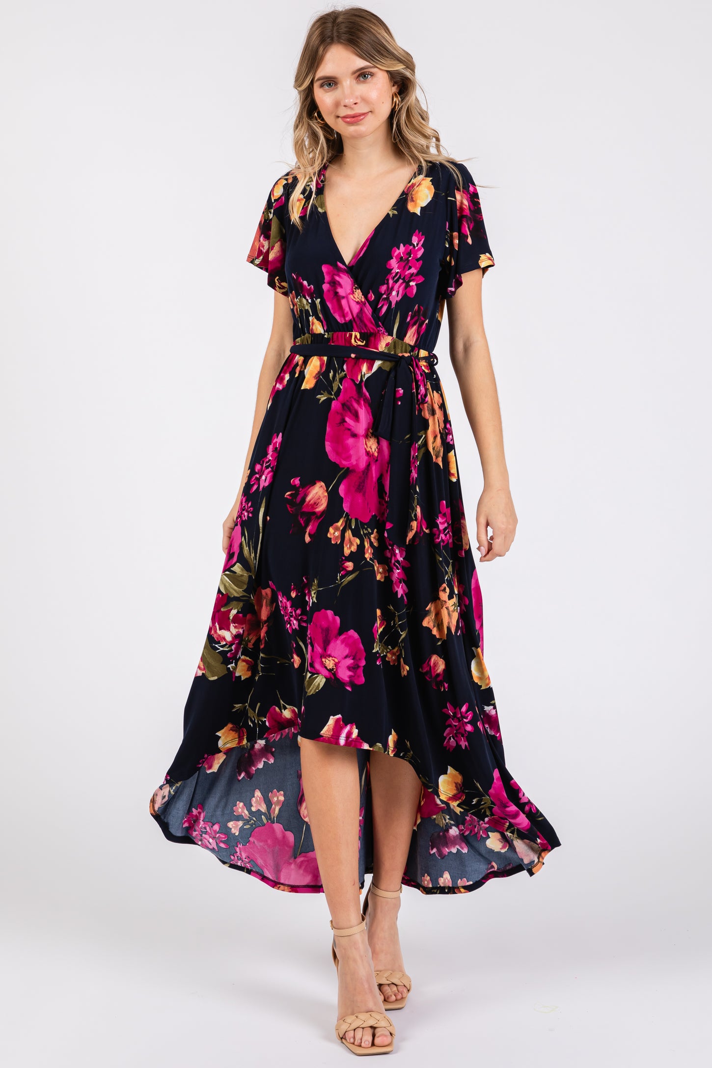 Navy Blue Floral Print Wrap Front V-Neck Hi-Low Midi Dress