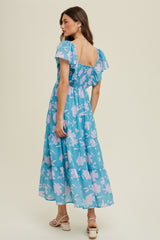 Blue Floral Flutter Sleeve Tiered Maxi Dress