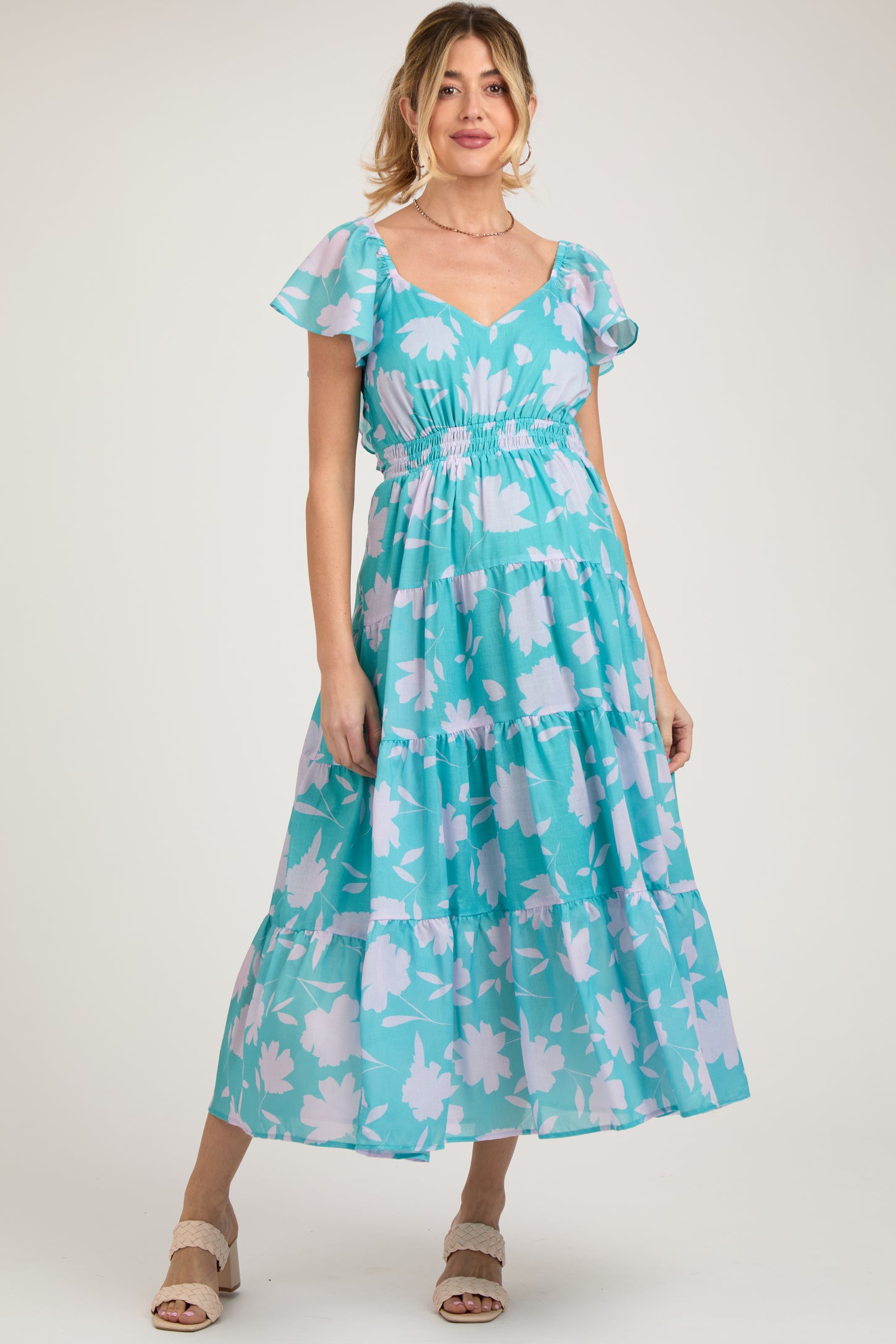 Blue Floral Flutter Sleeve Tiered Maternity Maxi Dress