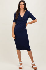 Navy Blue Wrap Top Maternity Midi Dress