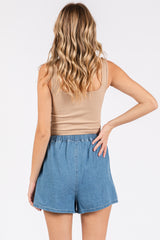 Blue Elastic Waist Denim Shorts