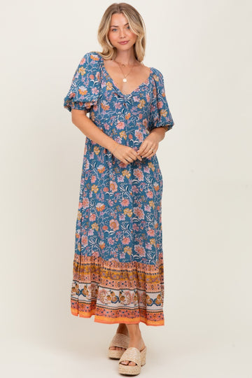 Blue Floral Front Twist Midi Dress