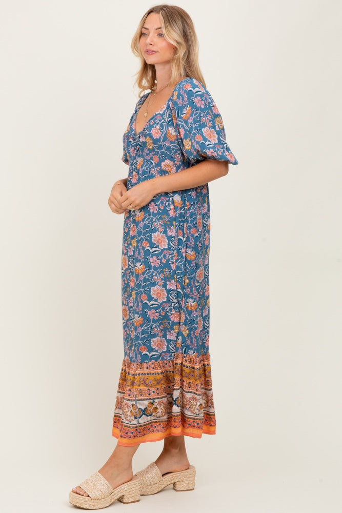 Blue Floral Front Twist Midi Dress