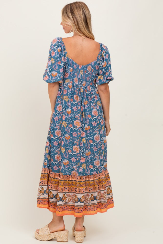 Blue Floral Front Twist Midi Dress