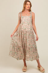 Cream Floral Shoulder Tie Tiered Maternity Maxi Dress