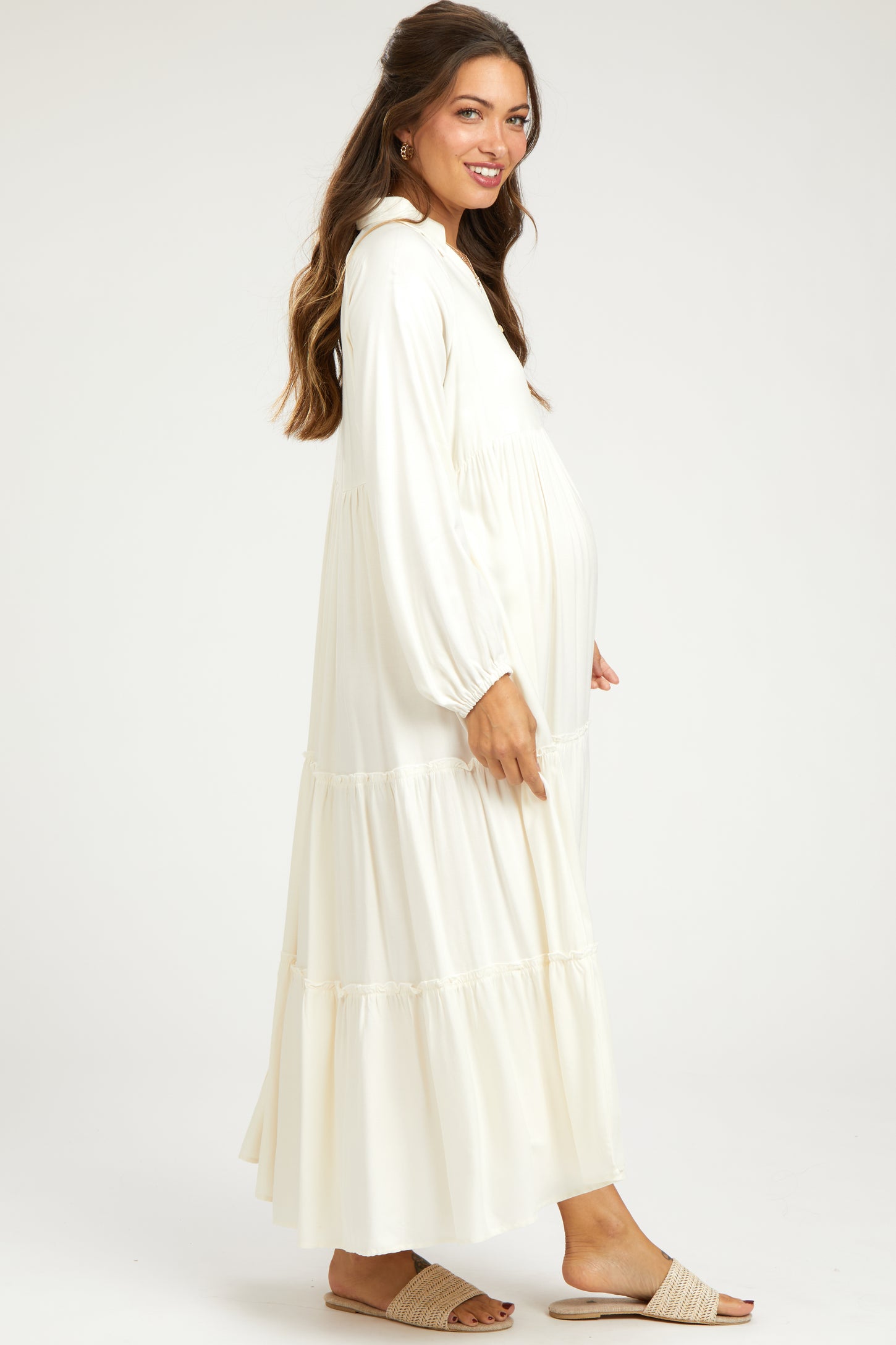 Ivory Button Front V-Neck Ruffle Tiered Maternity Midi Dress