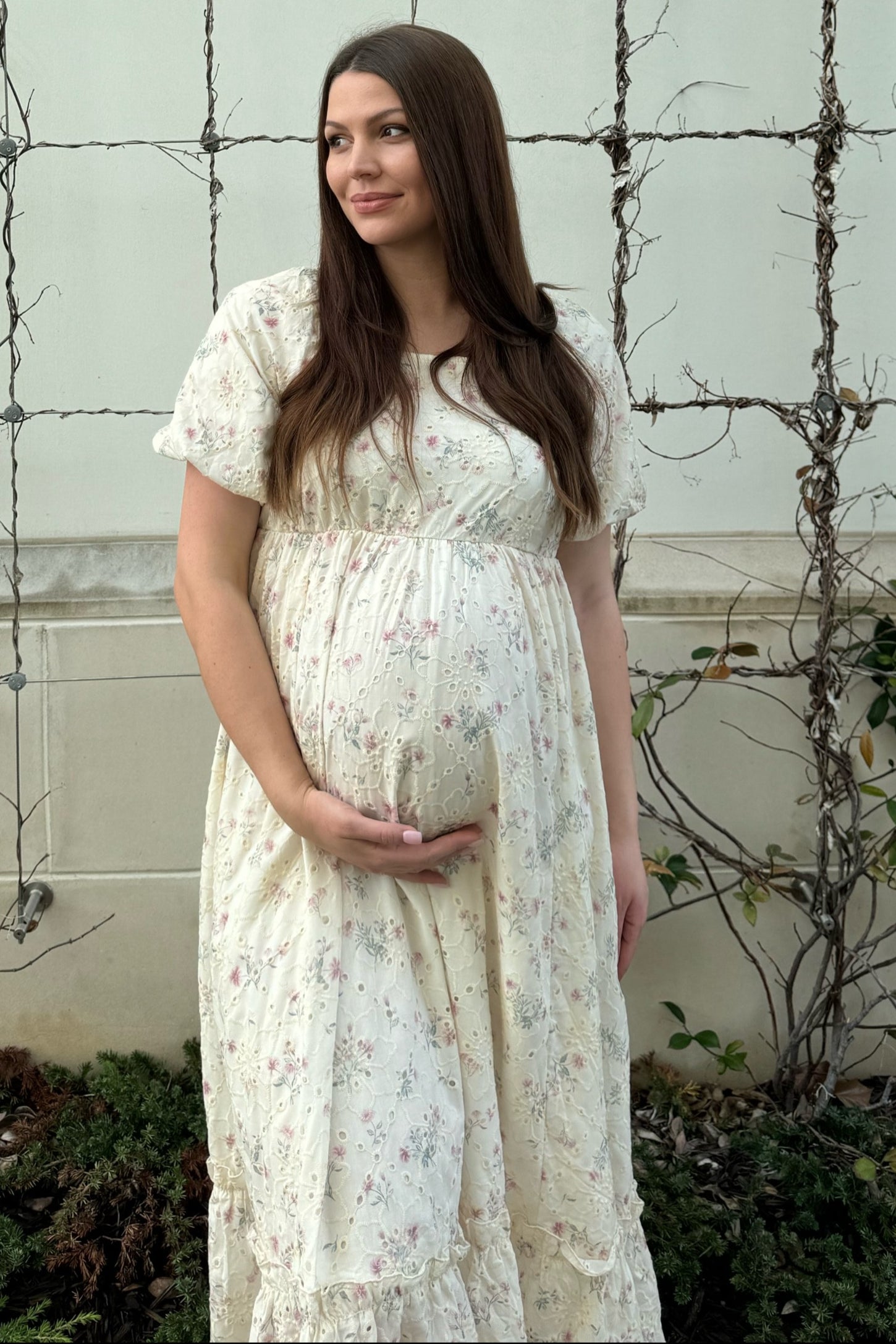 Ivory Button Front V-Neck Ruffle Tiered Maternity Midi Dress