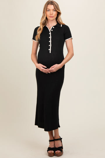 Black Ribbed Knit Collared Button Front Maternity Dress