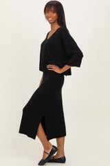 Black V-Neck Knit Skirt Set