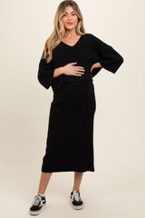 Black V-Neck Knit Maternity Skirt Set