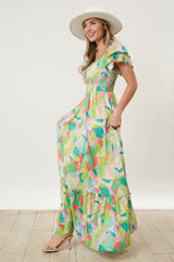 Light Coral Smocked Ruffle Sleeve Maxi Dress