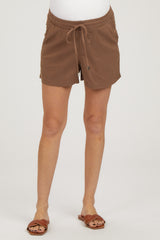 Brown Linen Drawstring Maternity Shorts