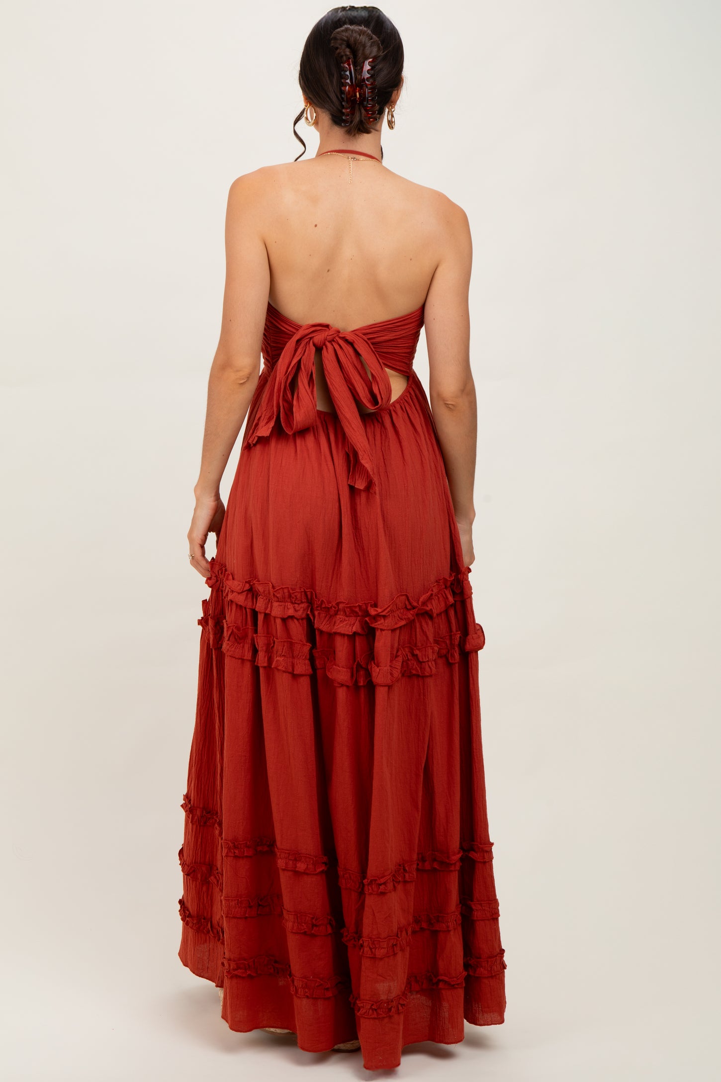 Rust Ruffle Ruched Deep V-Neck Maxi Dress