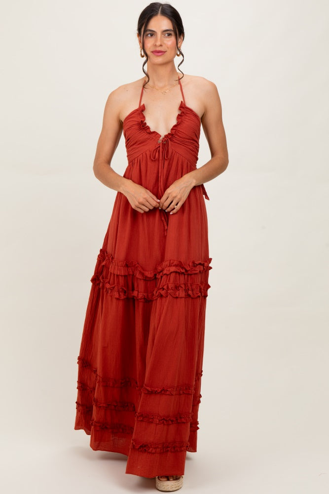 Rust Ruffle Ruched Deep V-Neck Maxi Dress