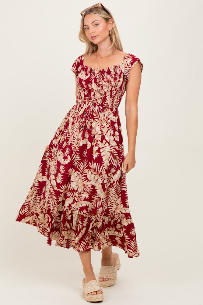 Burgundy Tropical Print Smocked Short Sleeve Maxi Dress