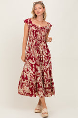 Burgundy Tropical Print Smocked Short Sleeve Maxi Dress