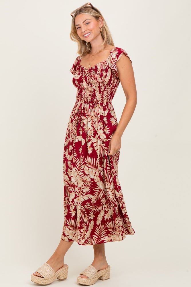 Burgundy Tropical Print Smocked Short Sleeve Maxi Dress