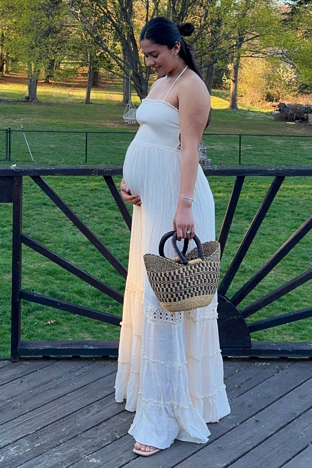 Cream Smocked Open Back Maternity Maxi Dress