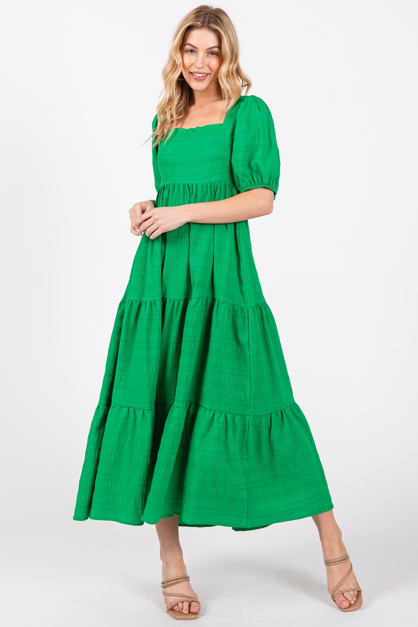 Green Textured Maternity Tiered Midi Dress