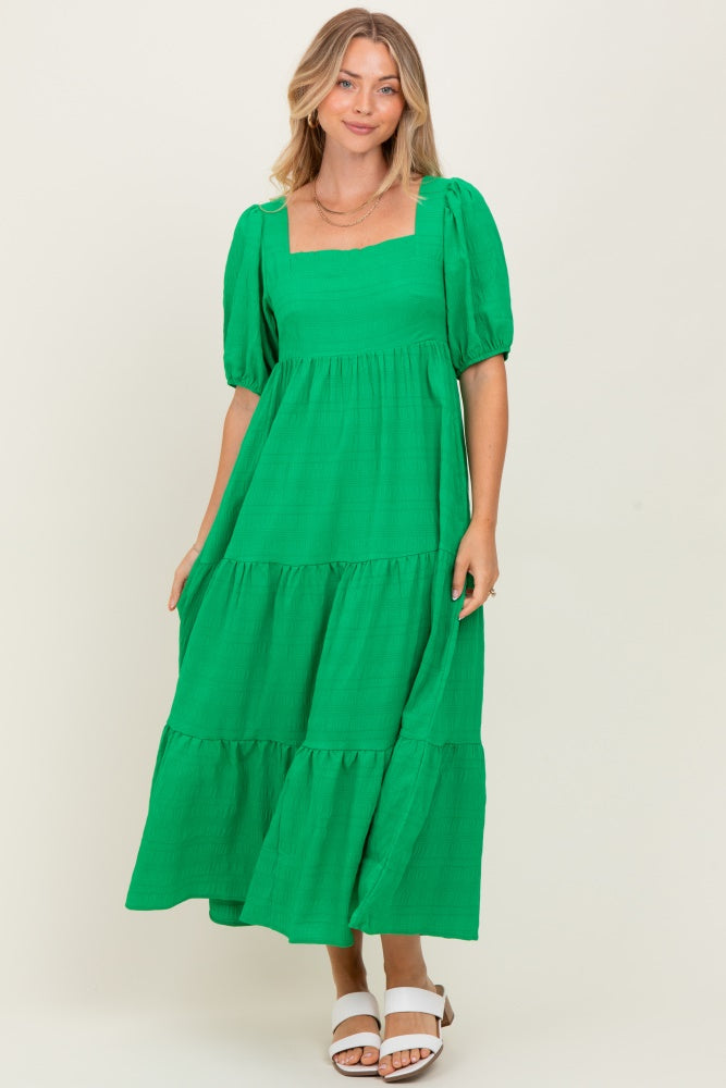 Green Textured Tiered Midi Dress