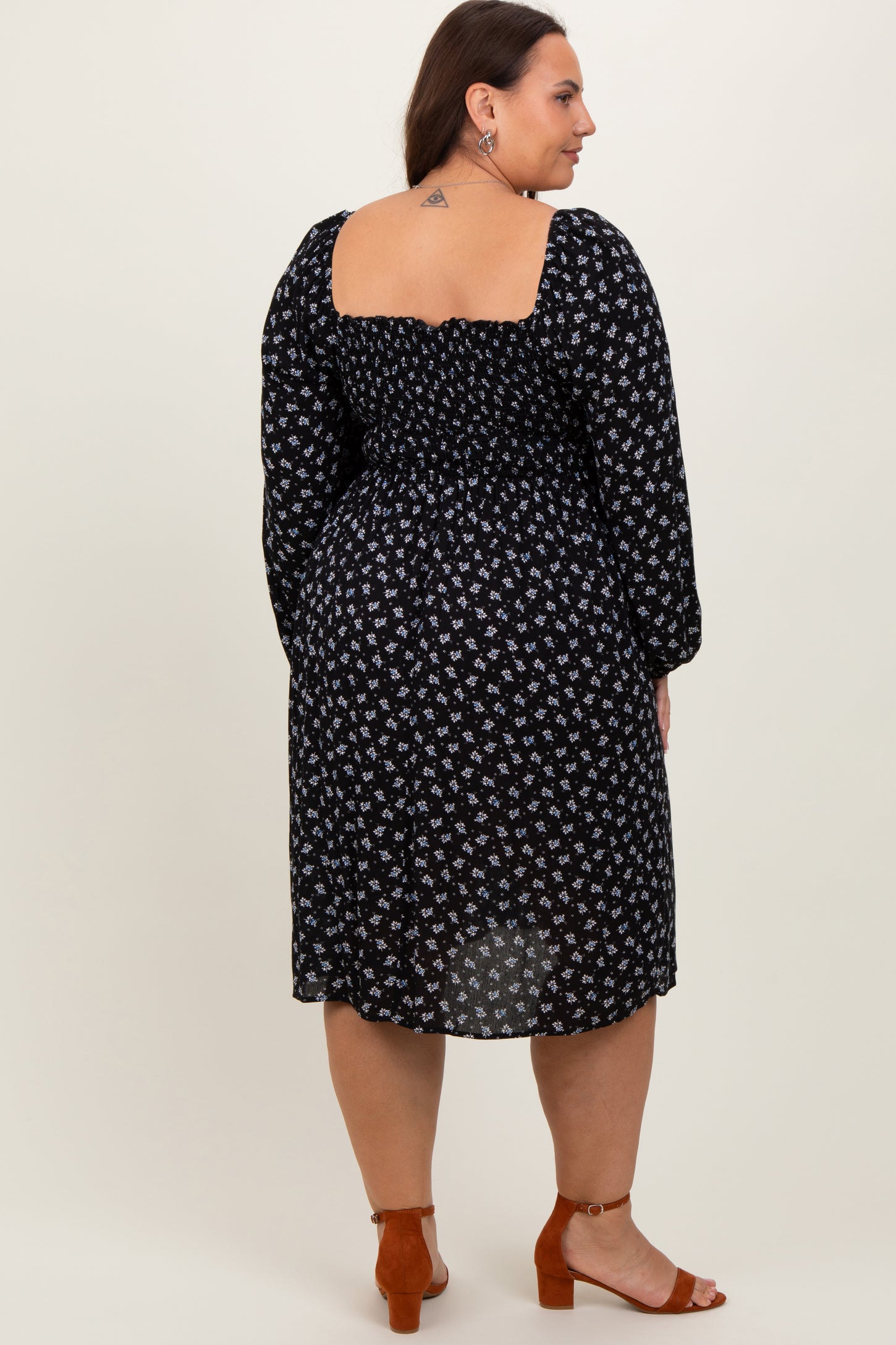 Black Floral Smocked Square Neck Plus Midi Dress
