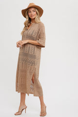 Taupe Open Knit Front Tie Side Slit Midi Swim Cover Up