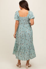 Mint Floral Smocked Short Sleeve Maternity Midi Dress