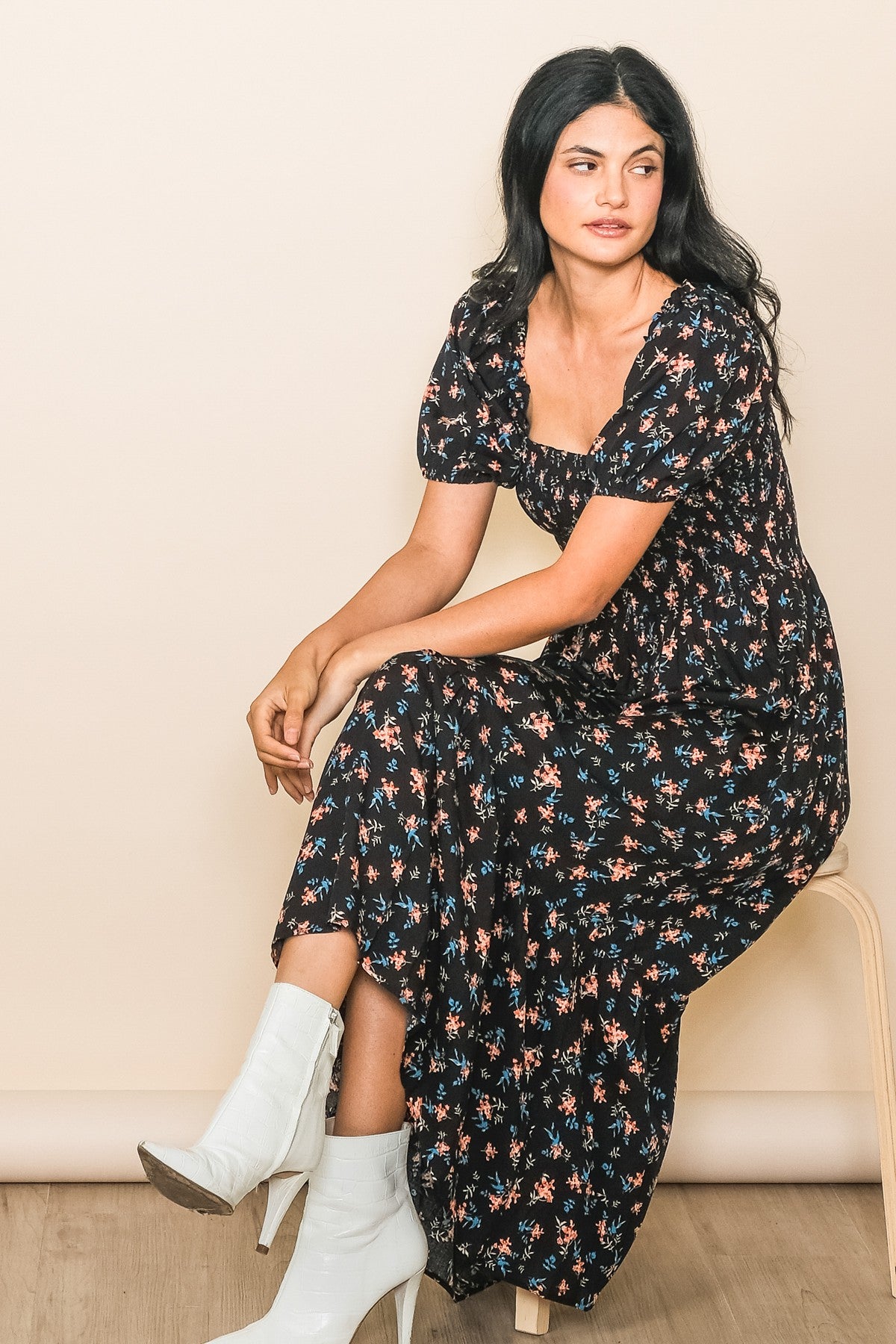 Black Floral Smocked Short Sleeve Midi Dress