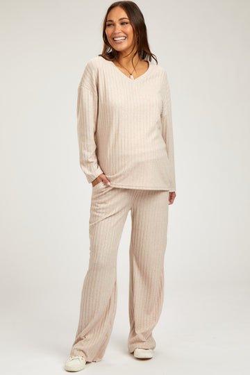 Taupe Ribbed Soft Knit Long Sleeve Pajama Set