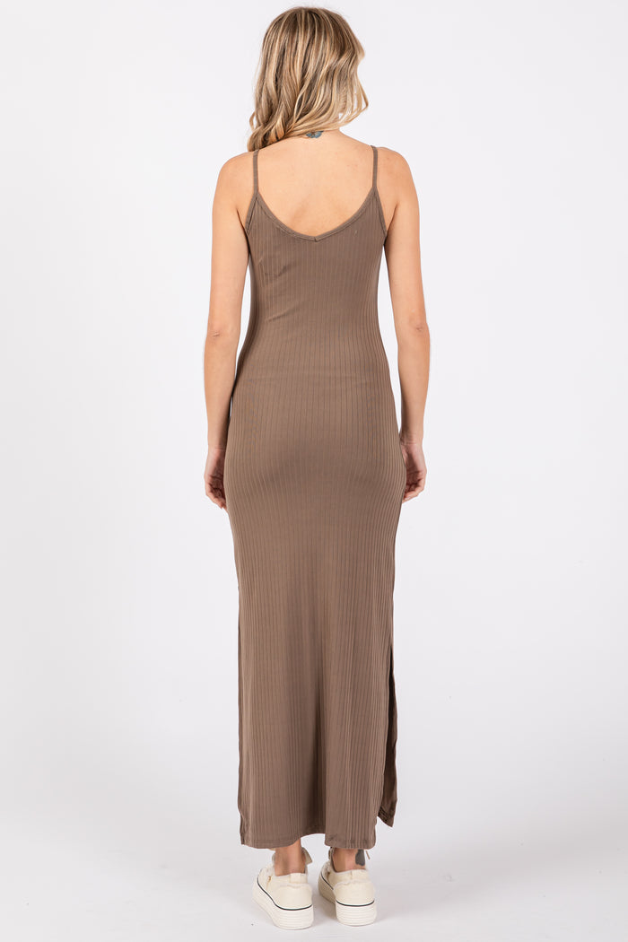 Taupe Ribbed Side Slit Maxi Dress
