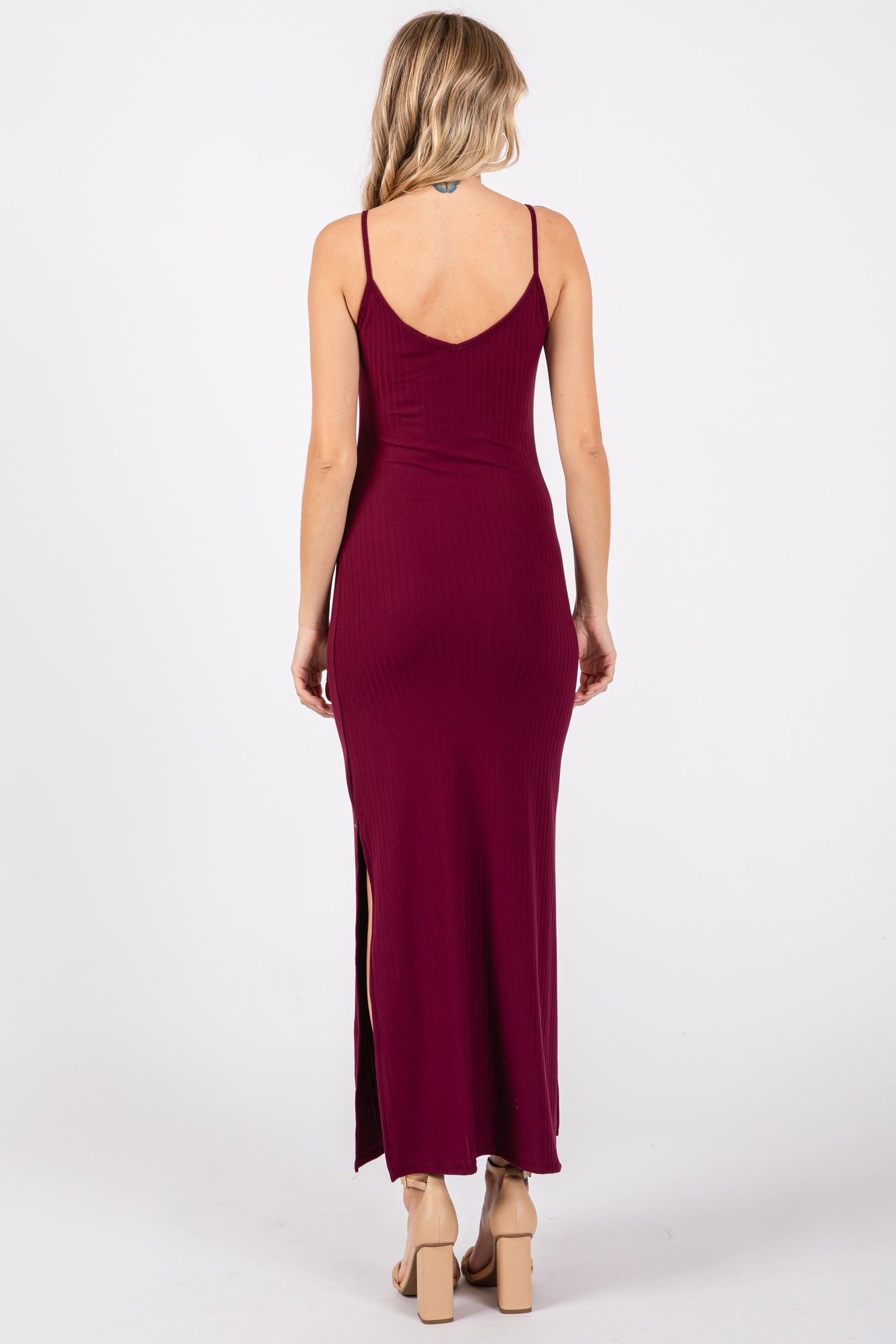 Burgundy Ribbed Side Slit Maxi Dress