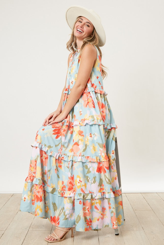 Light Blue Floral Sleeveless Ruffle Tiered Maxi Dress