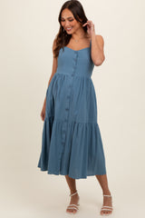 Blue Sweetheart Neck Button Front Tiered Maternity Midi Dress
