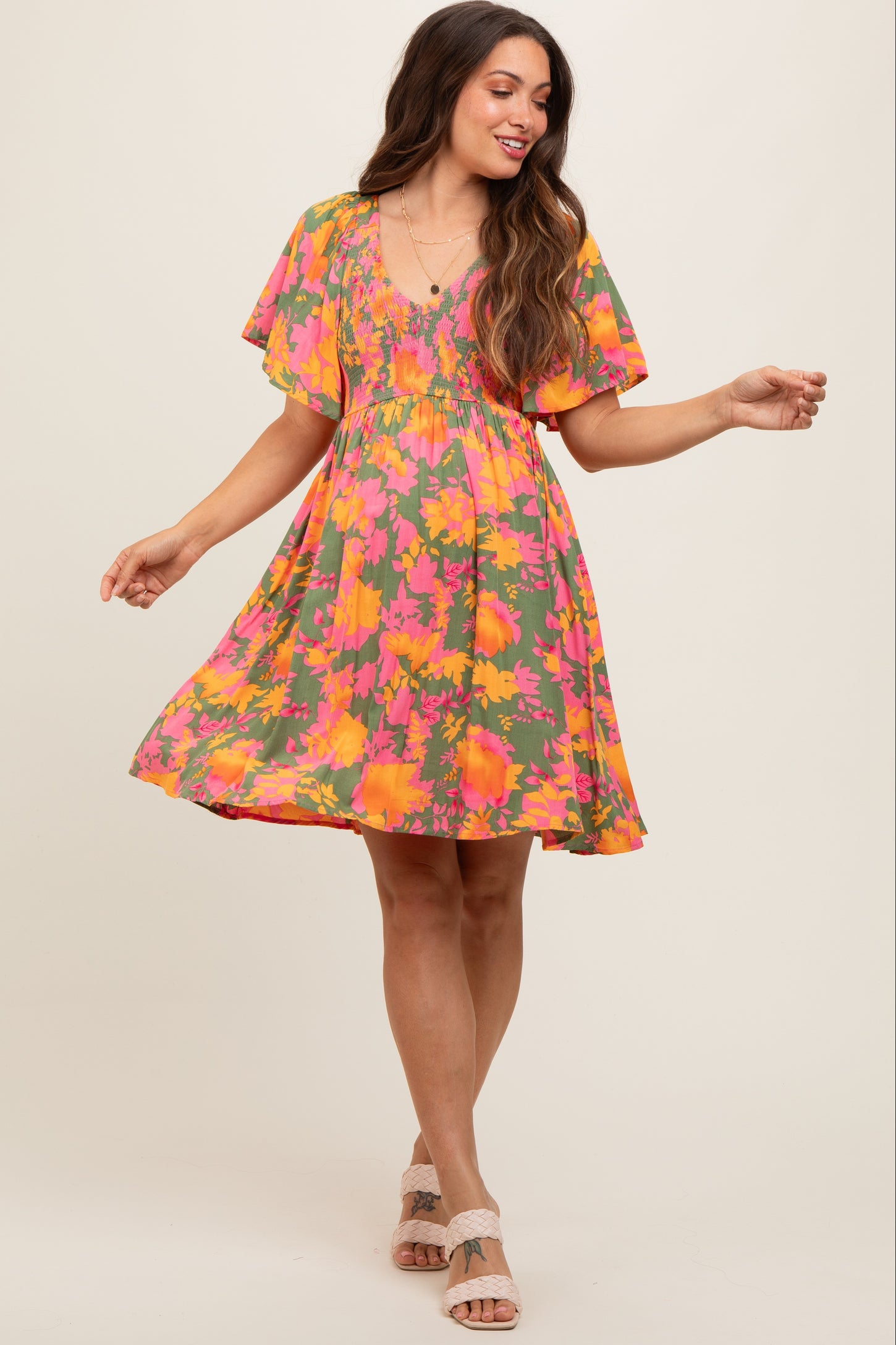 Olive Leaf Print Smocked V-Neck Maternity Dress