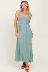 Light Olive Button Down Smocked Dress