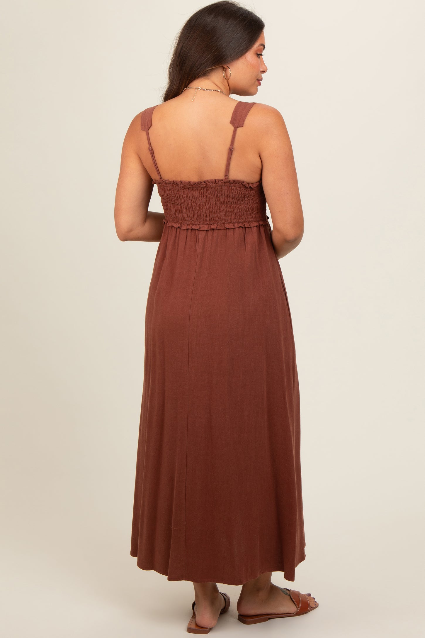 Brown Button Down Smocked Maternity Dress