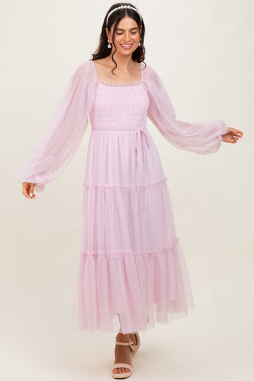 Pink Mesh Tiered Long Sleeve Maxi Dress