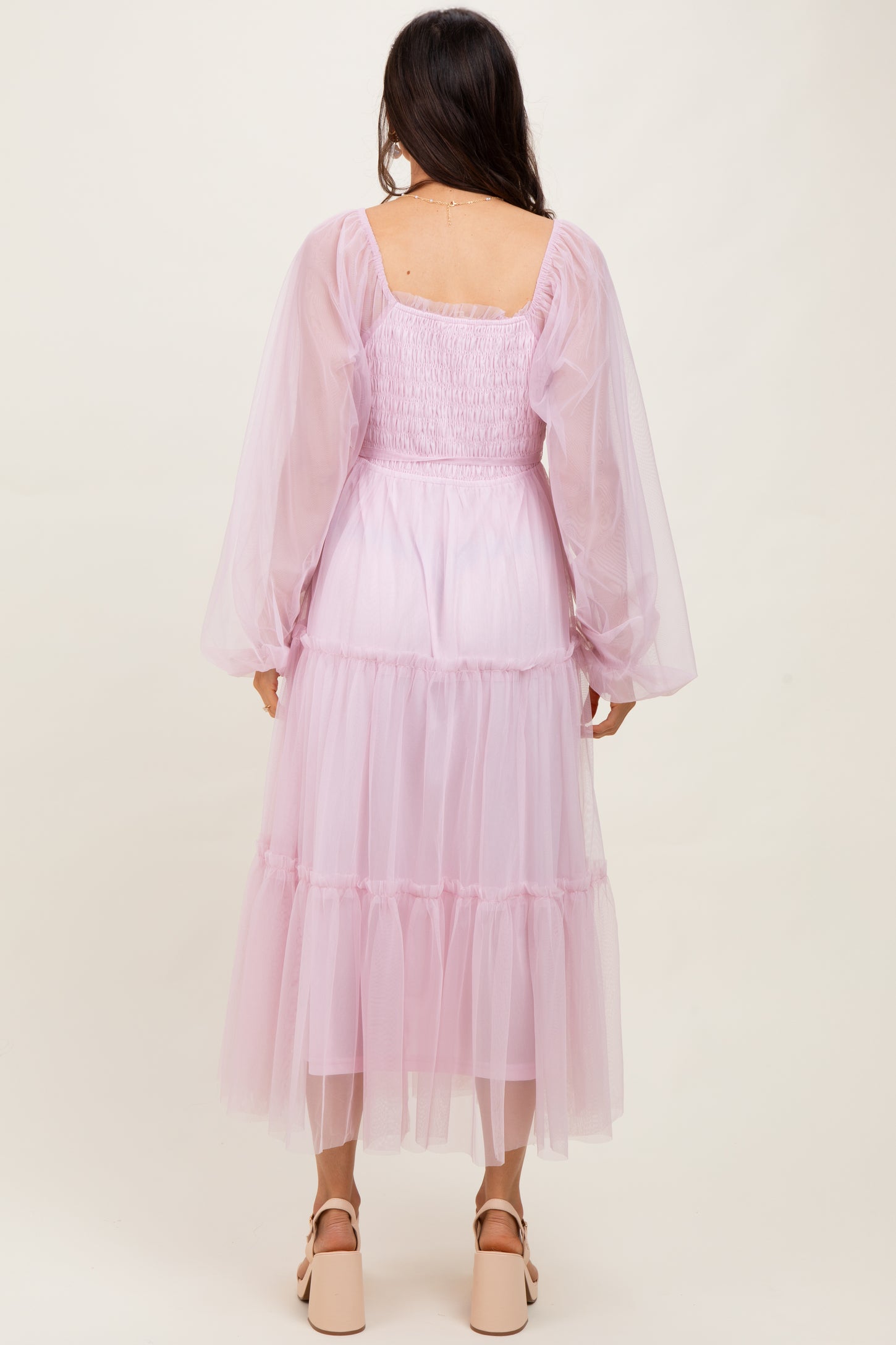 Pink Mesh Tiered Long Sleeve Maxi Dress