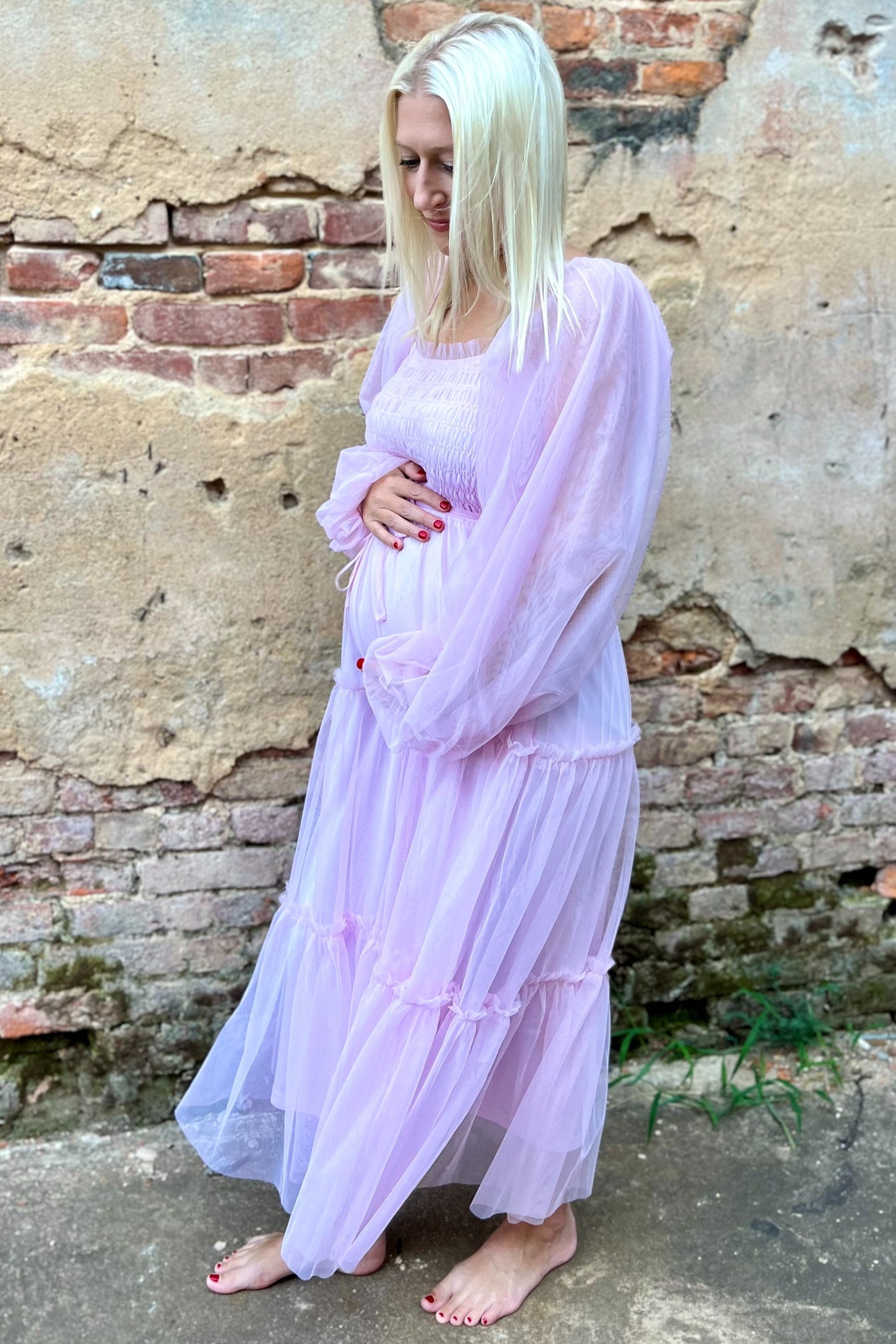 Pink Mesh Tiered Long Sleeve Maternity Maxi Dress