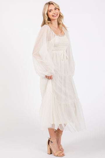 Cream Mesh Tiered Long Sleeve Maxi Dress